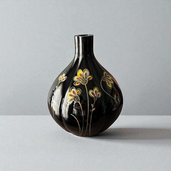 Fenton Art Glass Black Floral Melon Vase w/Original Sticker Signed